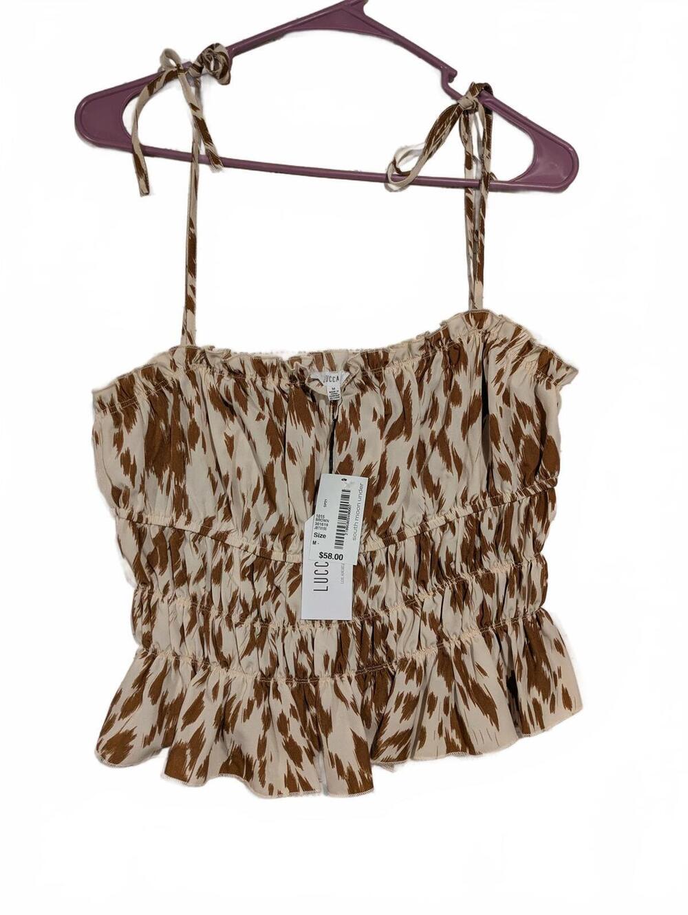 LUCCA Smocked Crop Top in Brown and Cream Polyester Medium